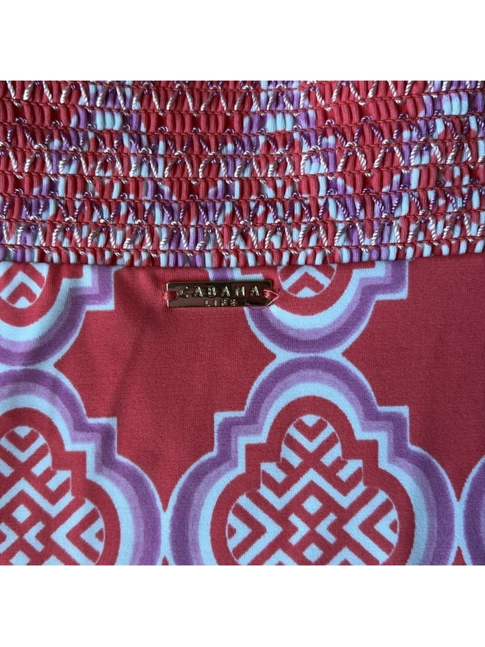 NWT Cabana Life Coral Geo Coverluxe Smocked Off-the-Shoulder Tassel Dress Small - Picture 11 of 13